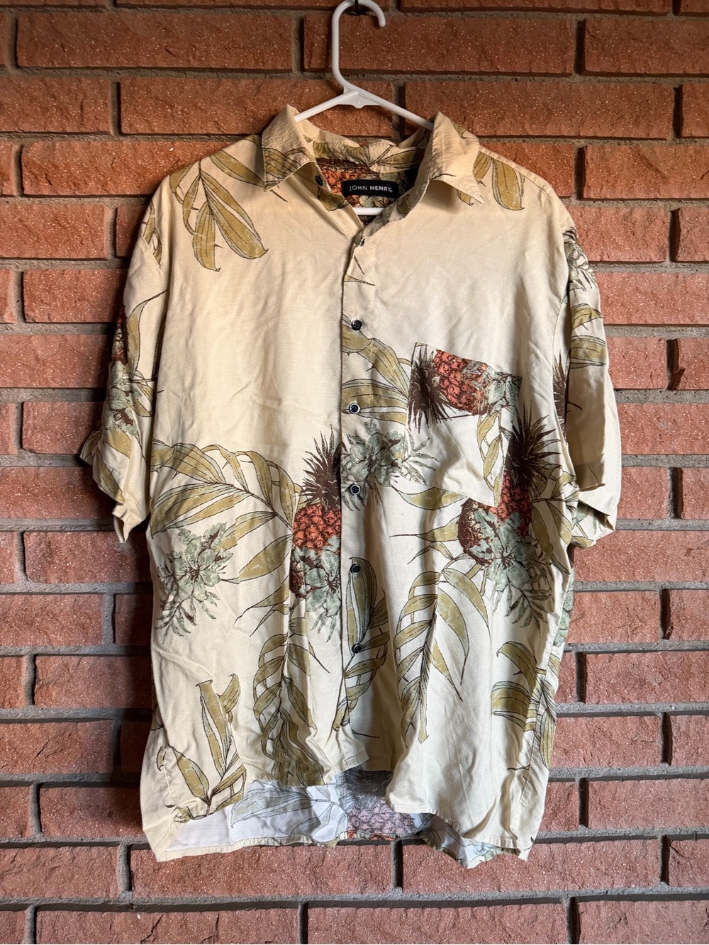 John Henry Beige Tropical Print Short Sleeve Button-Down Shirt